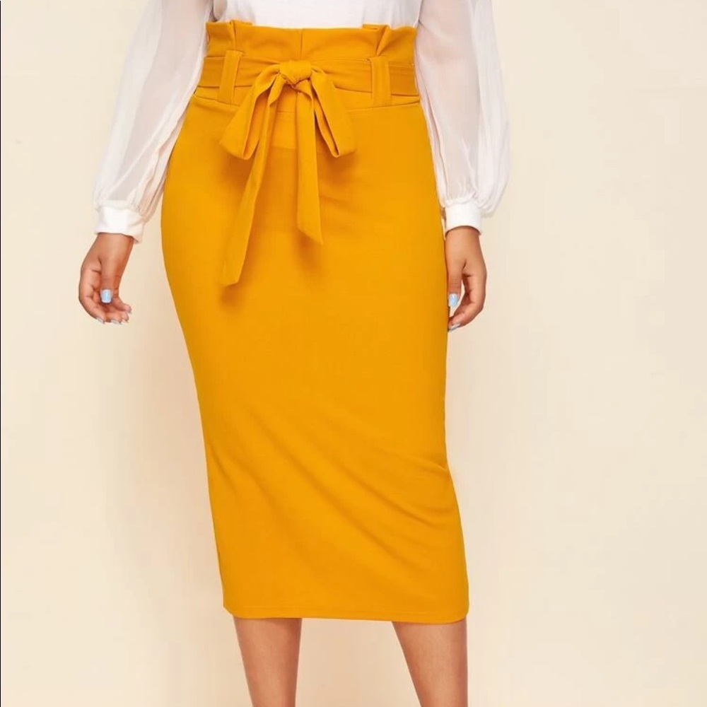 Mustard Yellow Paperbag Split Back Pencil Skirt